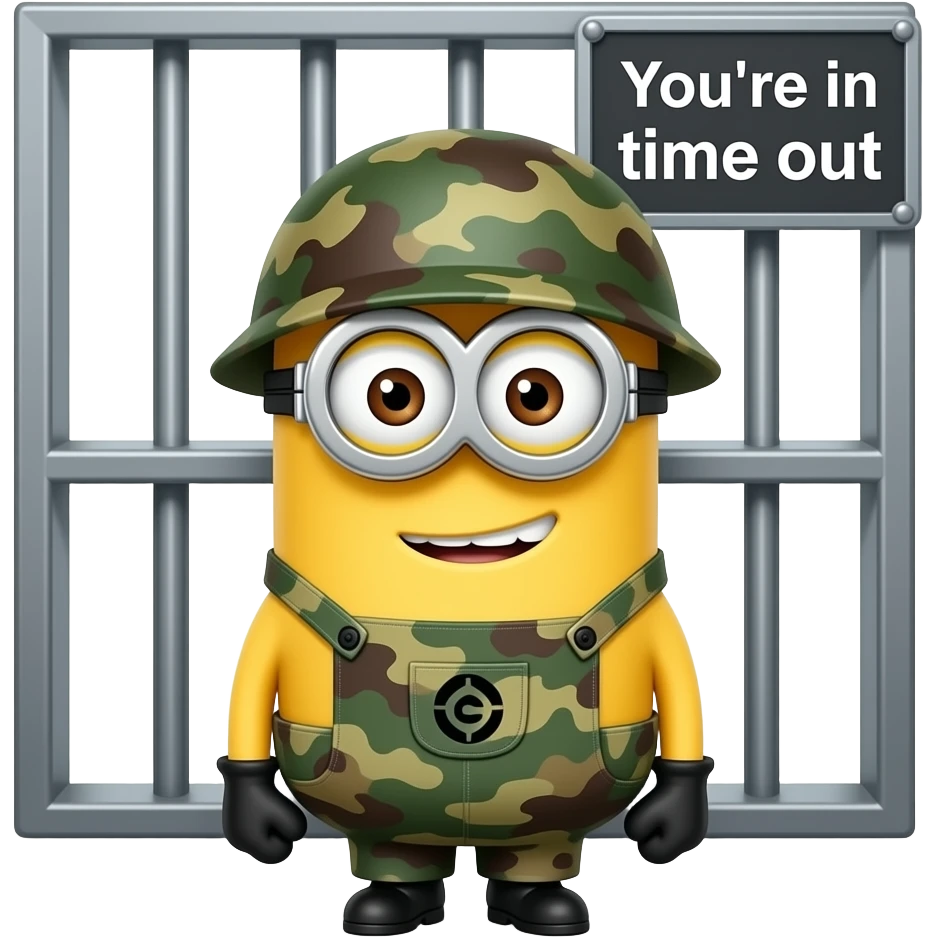 minion wearing army fatigues in jail text your in time out emoji