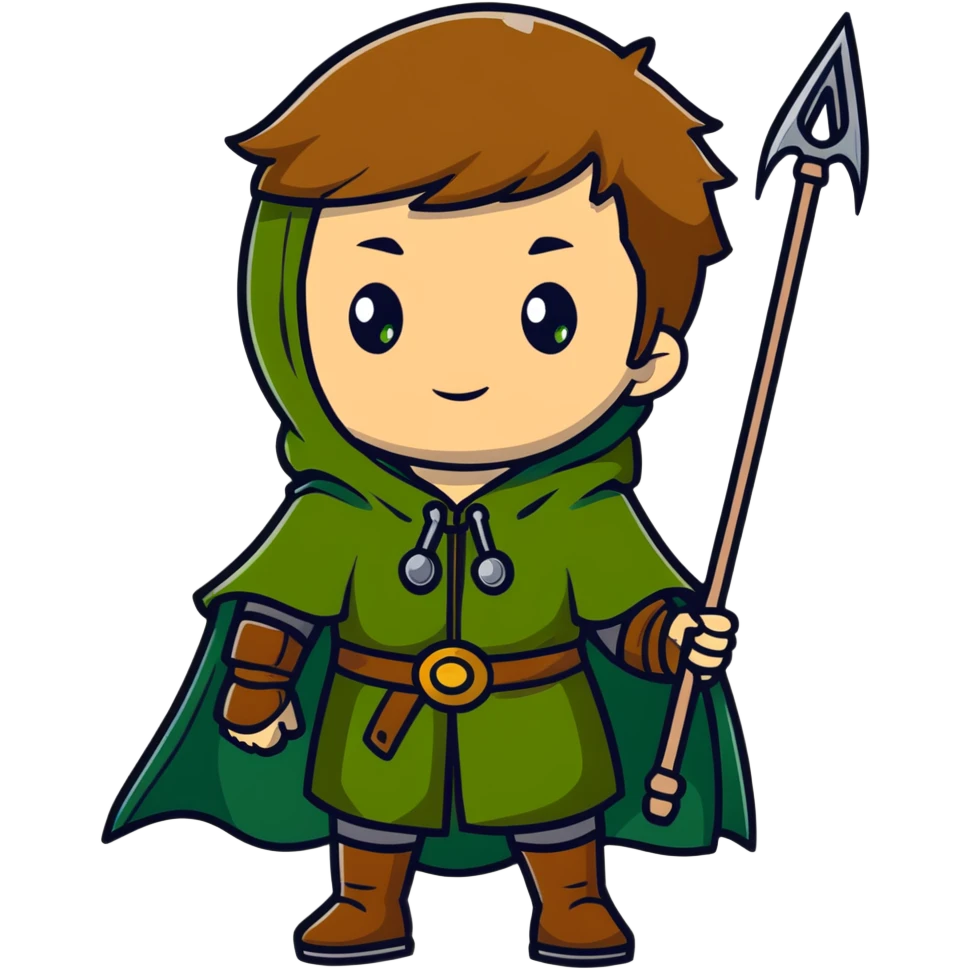 Rudeus Greyrat from Mushoku Tensei, green eyes, short light brown hair, wearing adventurer's outfit with a green cloak, holding a staff, confident and curious expression emoji