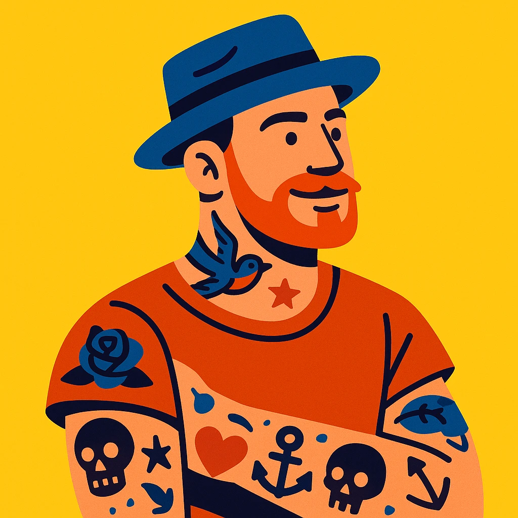 tattooed man wearing a hat, modern illustration style emoji
