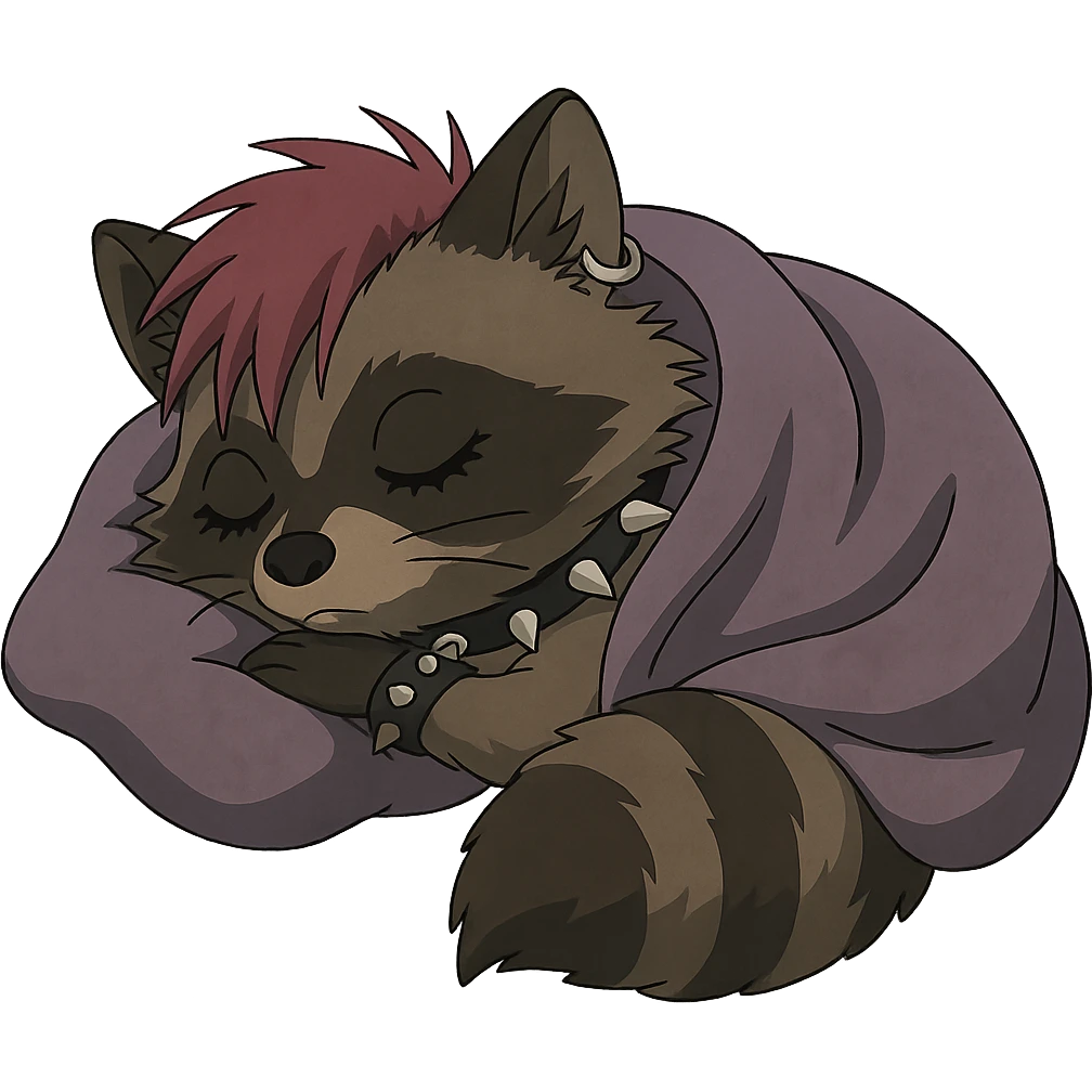 a punk goth trash baby raccoon cuddled up tucked in for a cozy nap emoji