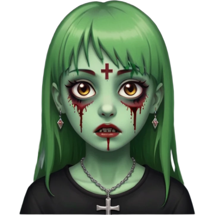 Zumbi verde com olhos castanhos aspecto de que tá sangrando, uma franja reta um piercing do lado esquerdo do nariz, roupa preta e crucifixo como colar, e também delineador emoji