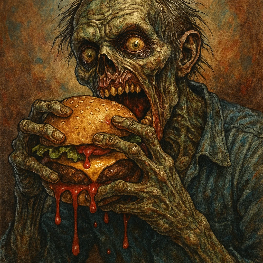 a zombie eating a hamburger dripping ketchup, detailed, expressive, vibrant colors emoji