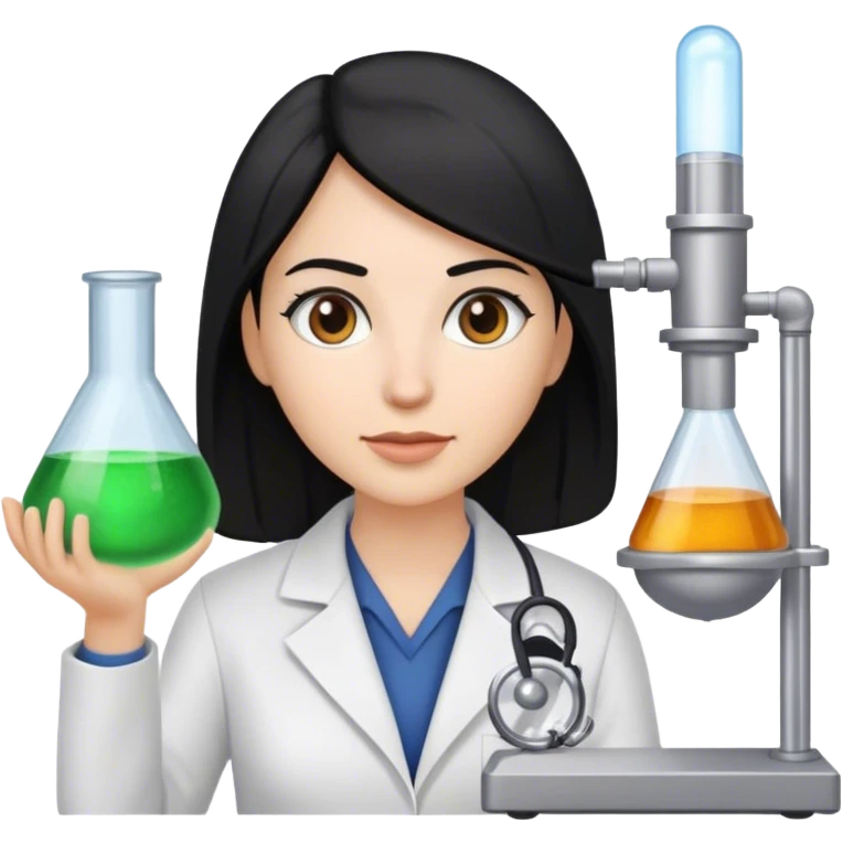 A white woman with black hair and brown eyes and straight hair, cientist emoji