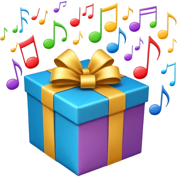 A wrapped gift box opening with colorful music notes flying out. emoji