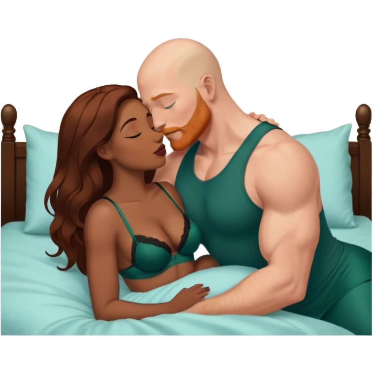 Muscular Bald white male who has a ginger beard & blue eyes, passionately kissing curvy African American dark brown woman who has long brown/black hair wearing dark green lingerie displaying love, making tenderness, physical romance,  pair-bonding & affection, caress, sensual, in bed, birthday  emoji