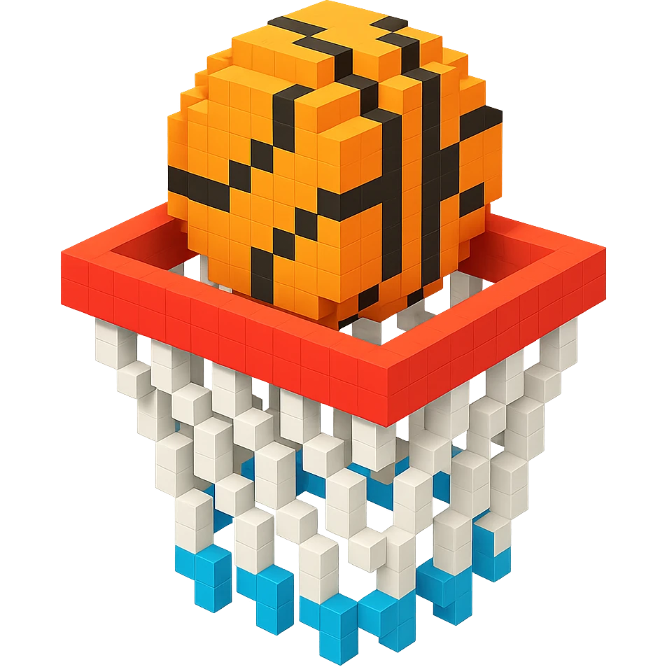 Voxel-style basketball in a net, variation 3 emoji
