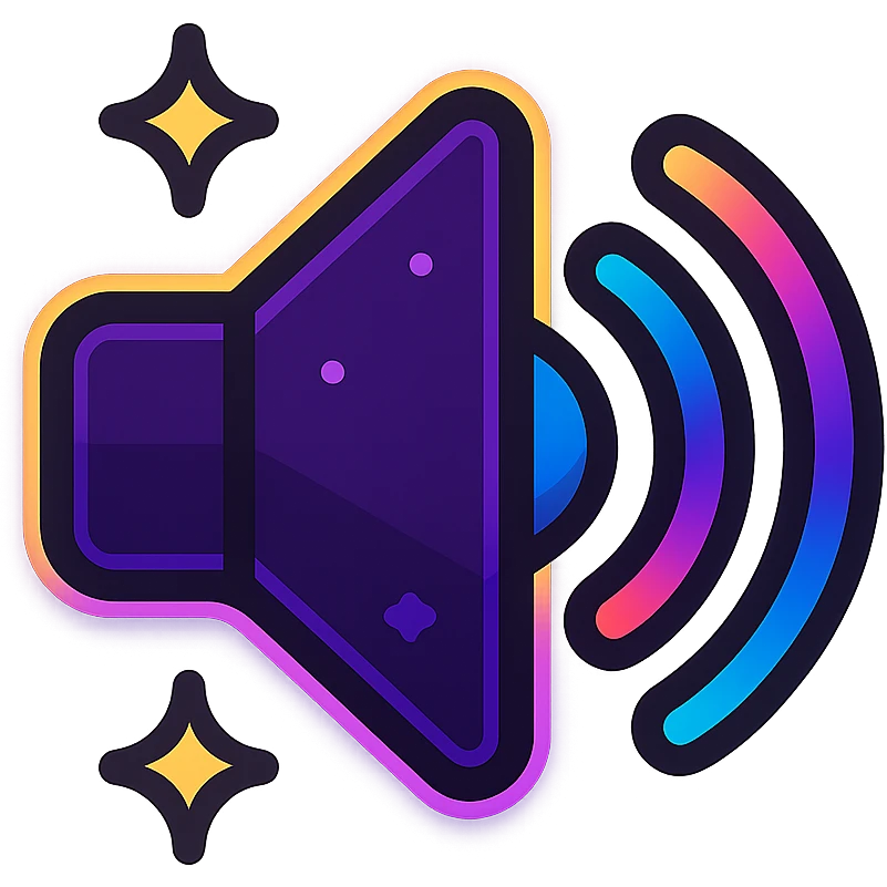 animated volume icon with dark purple, blue, and black base, bright accents, complex gradients, stars, bright neon border, elegant futuristic speaker symbol, subtle glowing and moving stars neon effects, sophisticated futuristic style emoji
