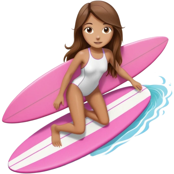 Girl with long brown hair surfing at pink short board in the white swimsuit  emoji