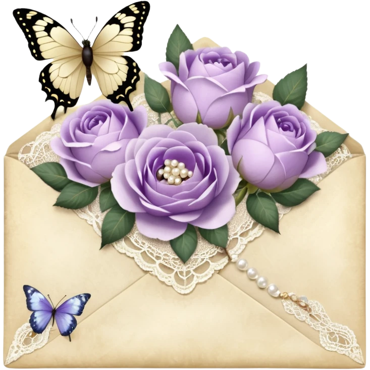 A delicate still life of an aged love letter sealed with golden wax, placed on a vintage lace doily, accompanied by a bouquet of pale purle roses and white peonies, with a shimmering pearl butterfly resting on the envelope. emoji