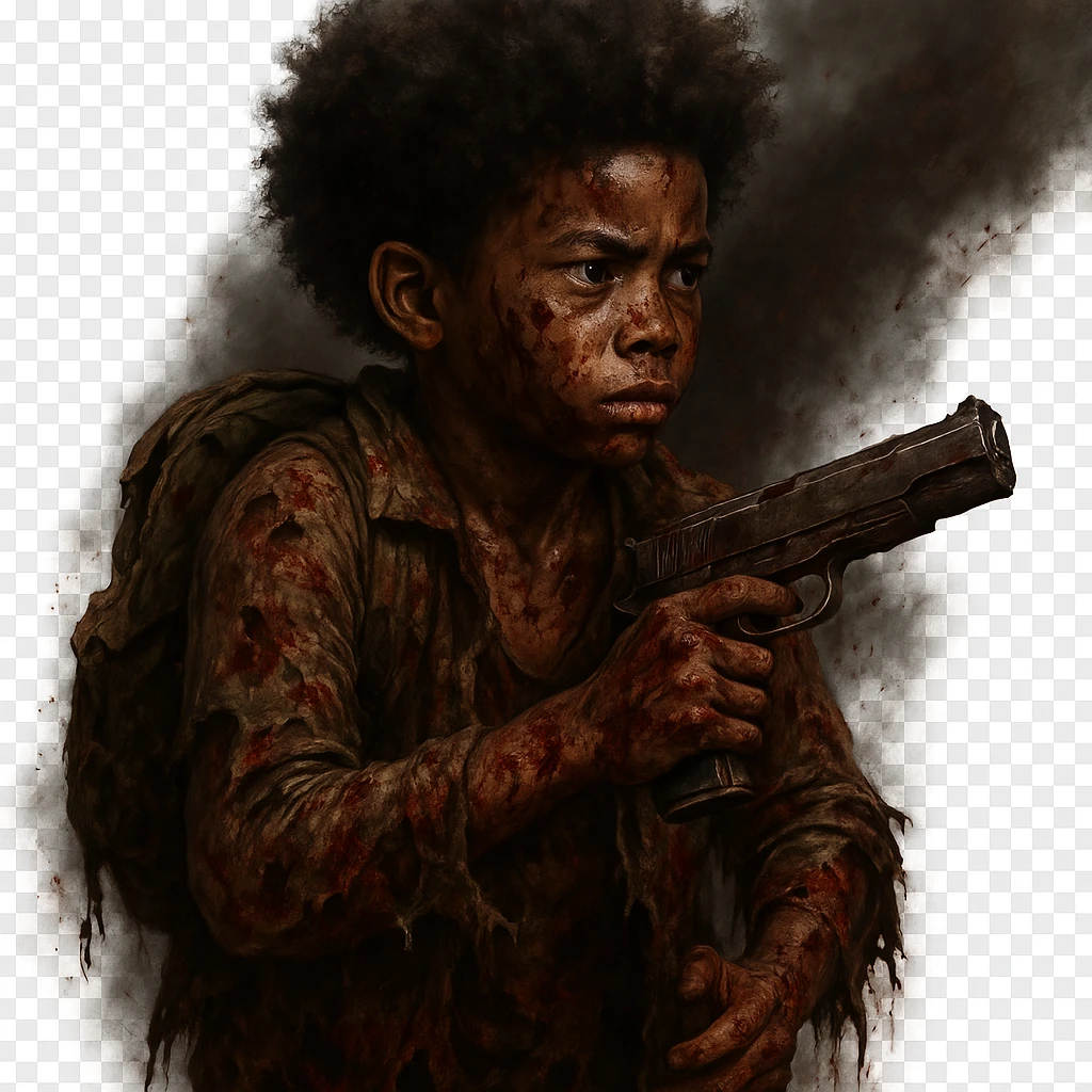 Add more zombie apocalypse details to the African American boy with an Afro: torn clothing, dirt, blood splatters, and a tense atmosphere, but keep the gun, backpack, and scar. No background. The style should resemble the original image's look and feel. emoji