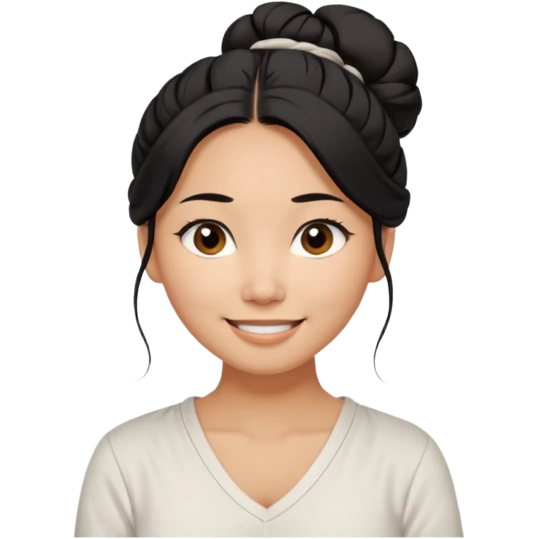 medium tan asian woman with long black hair tied 1 messt bun on top of head,  round brown eyes, white v neck blouse. shes smiling and friendly. emoji