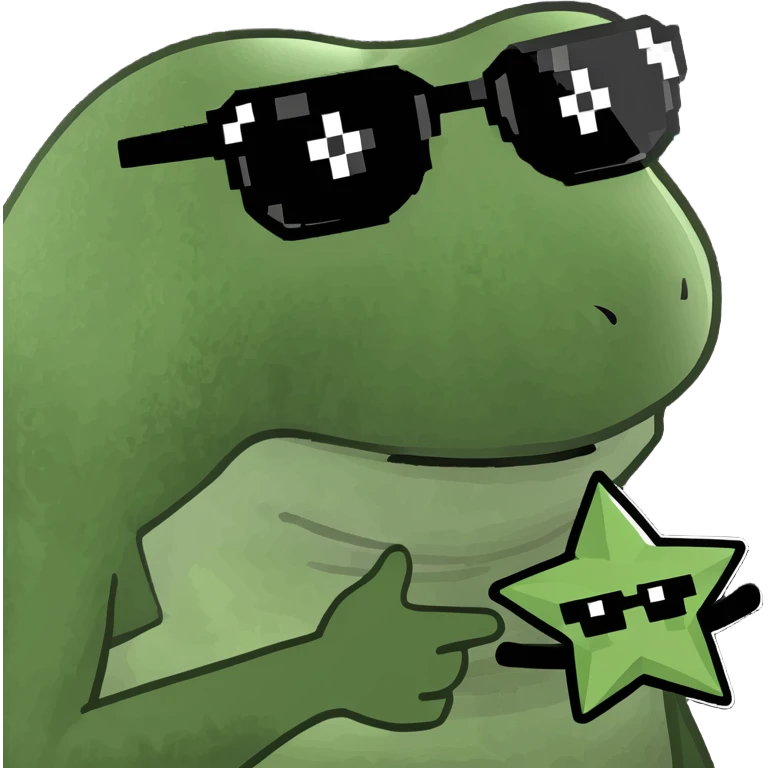 bufo with triangle shaped 8 bit sunglasses full black, confident smile, with a mini black star in his hand emoji