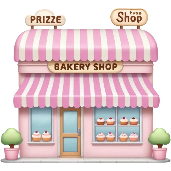 pastel pink bakery with a striped awning, cakes in the window, and a sign above that says 'Prize Shop', soft and friendly, emoji style emoji