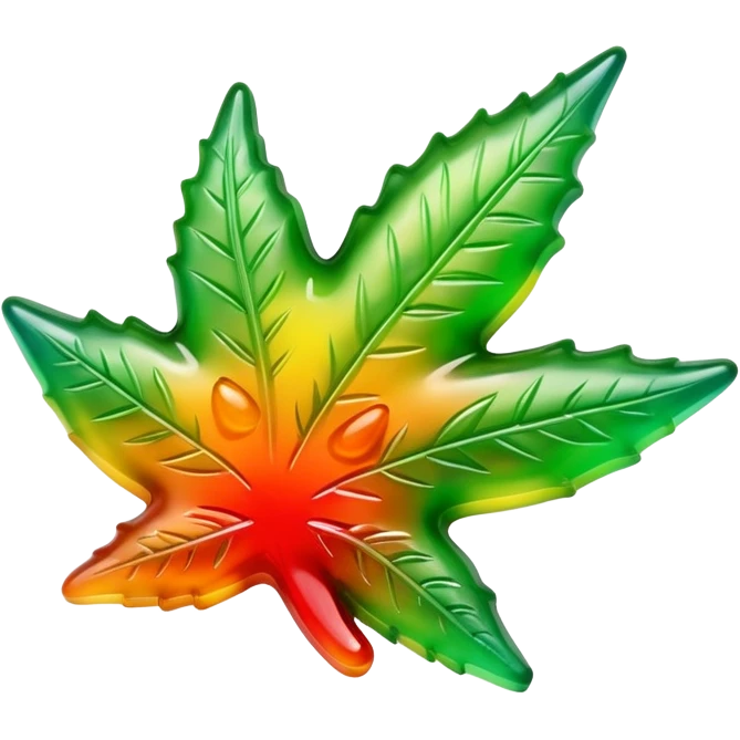 marijuana leaf-shaped gusher gummy bright colors bite mark with liquid oozing out emoji