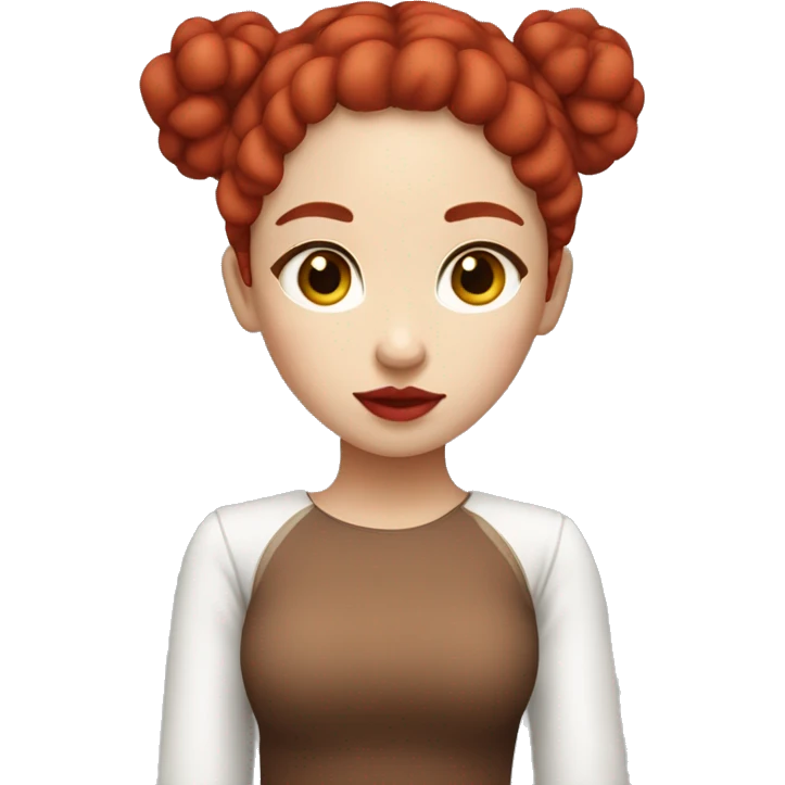 Create an Emoji Chinese Girl, slightly curly and long red hair and 2 buns on top of her head, red lipstick, white skin, brown eyes, red mesh shirt emoji