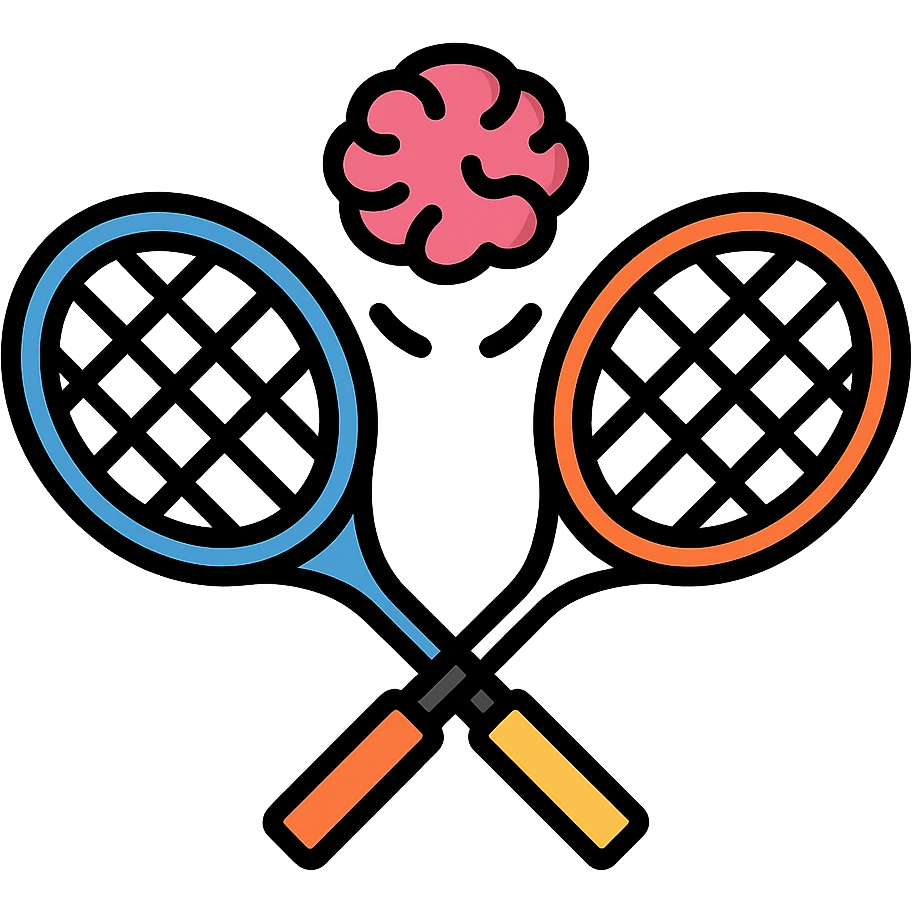 two tennis rackets facing each other with a brain emoji bouncing around between them, colorful outline icon style, vibrant and playful emoji