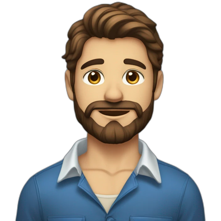 Un jeune homme avec une barbe légèrement fournie, des cheveux courts bruns et un regard confiant, vêtu d'une chemise à carreaux bleu marine. emoji