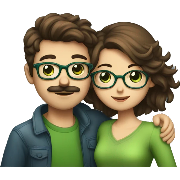A heavy set boy with brown hair blue eyes and a mustache is kissing a green haired girl who is thin with green eyes and wearing glasses emoji