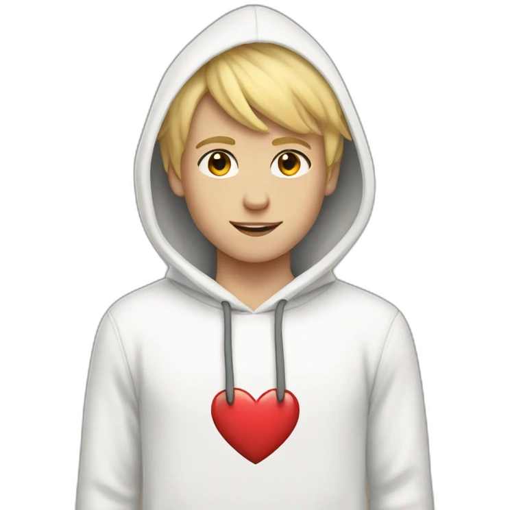 blonde haired boy in white hoodie with a heart on it emoji