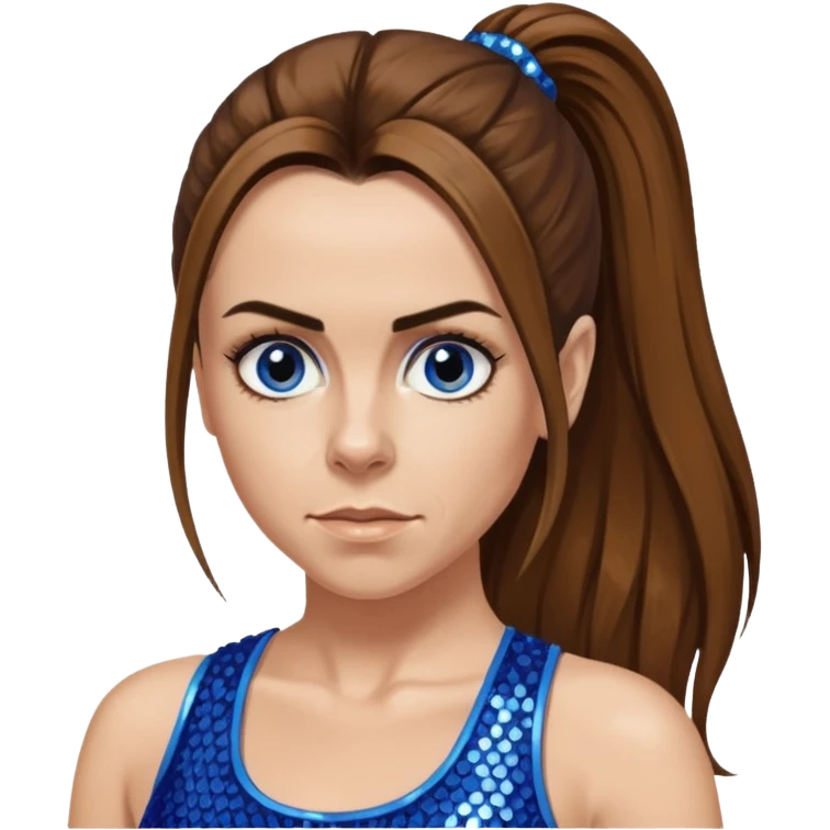 Melanie C with long brown ponytail hair, blue sequin crop top, hazel eye emoji