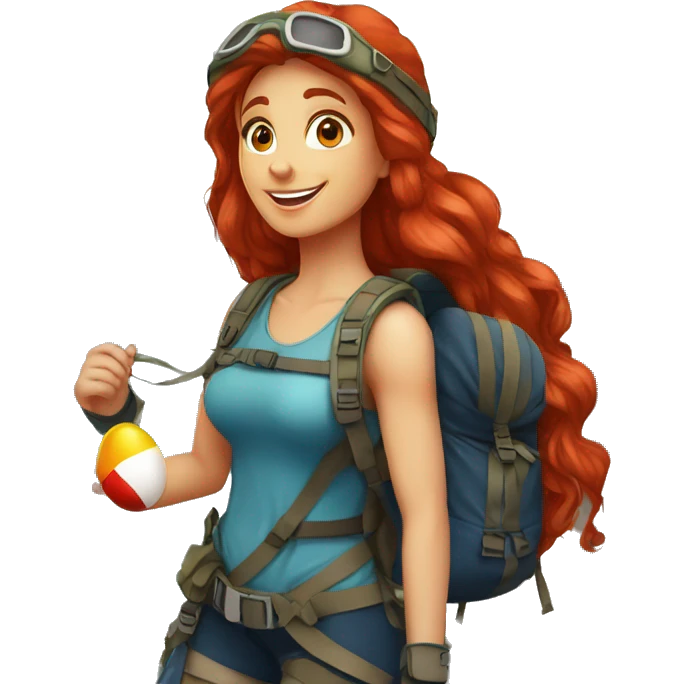 Greek flag background  Female mountain climber long red hair climbing with Greek flag on backpack and holding Easter eggs basket emoji