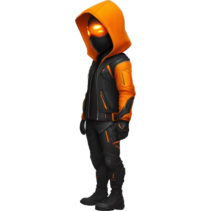 Side view developer behind his laptop with this style : crysis Cyberpunk Valorant orange glowing bright orange character orange black hooded assassin themed character emoji
