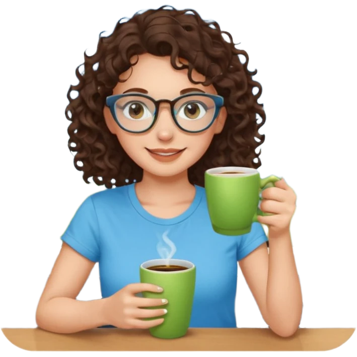 White girl with dark brown curly hair, brown eyes, sky blue glasses, nose ring, apple green t shirt, drinking coffee from a glass cup emoji