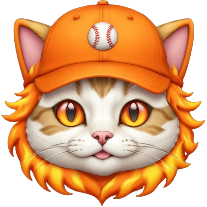 Cat with the flames in his eyes with a orange baseball hat on his head emoji