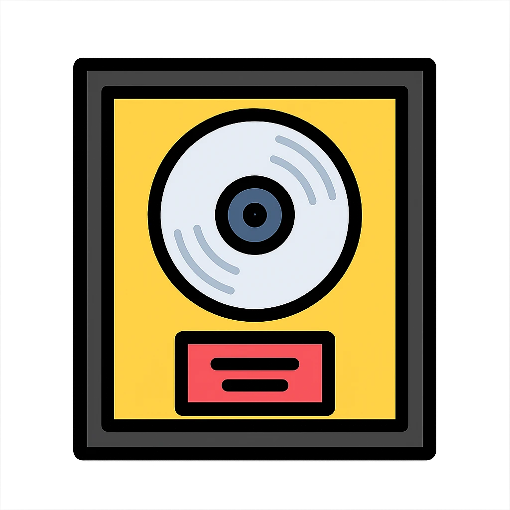 platinum record award in a black frame, shiny disc, music plaque, color icon emoji