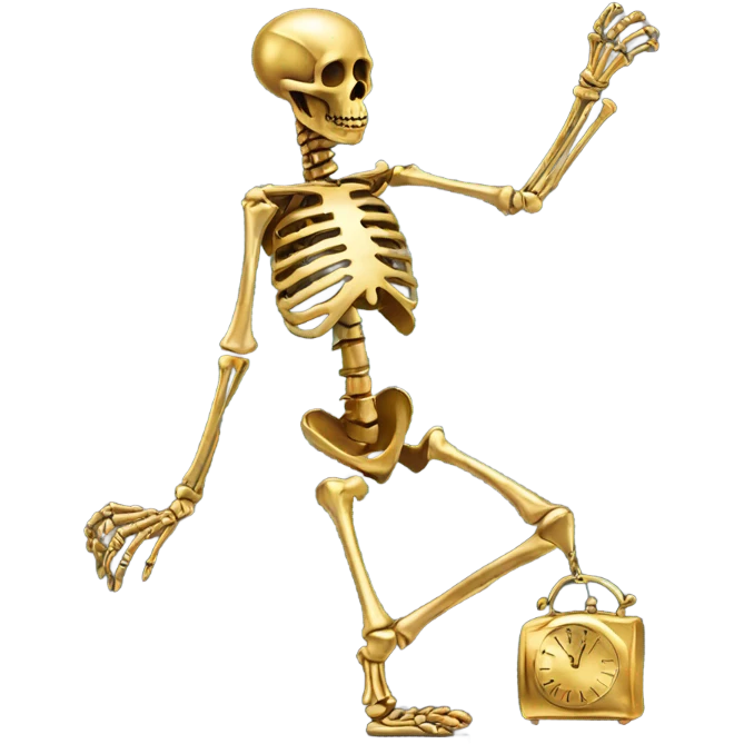 A skeleton made out of gold with a rabbit with a watch on  emoji