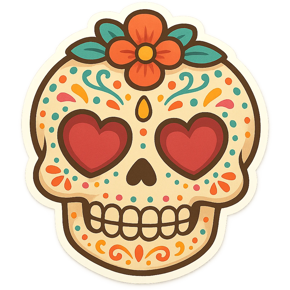 stylized cartoon sugar skull with heart-shaped eyes, bright colors, festive emoji
