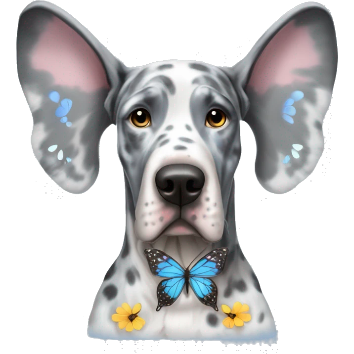 Blue Merle Great Dane wearing butterfly wings emoji