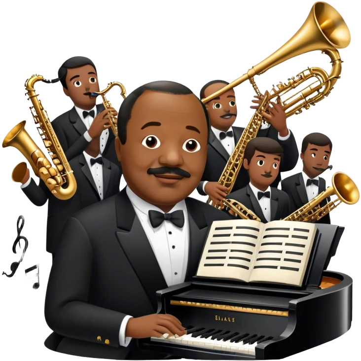 Icon for Jazz Music: Count Basie Orchestra, with Count Basie at the piano surrounded by jazz musicians playing instruments like saxophones, trumpets, and drums. Floating musical notes should capture the energetic and smooth vibe of big band jazz. Transparent background. emoji