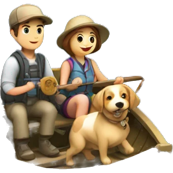 A couple boy and girl fishing together in a boat with a dog emoji