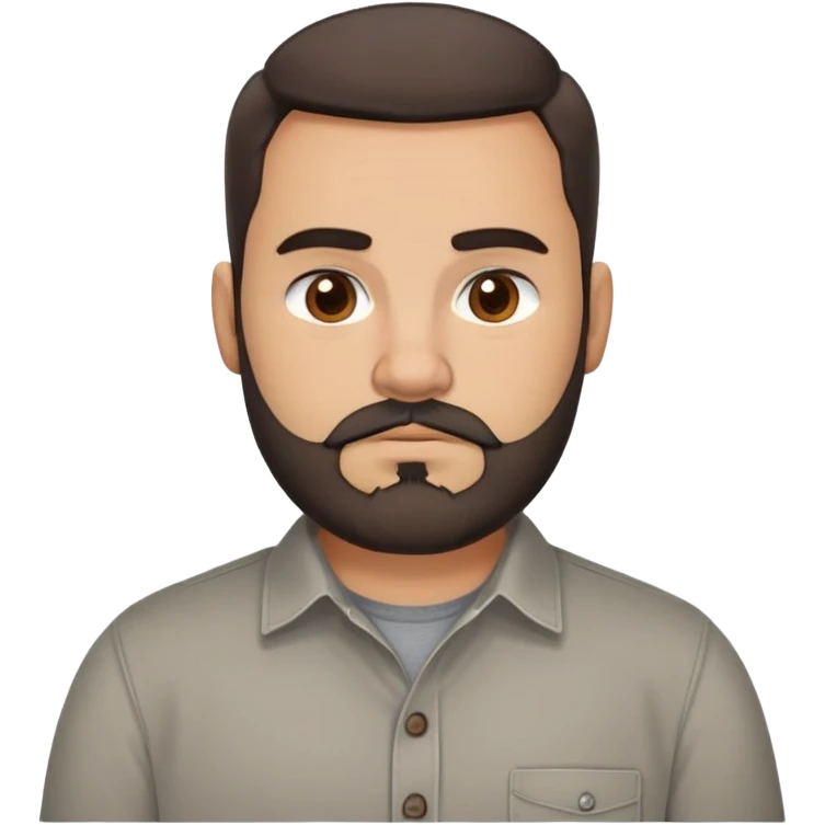 Stocky approachable man with light brown complexion, round friendly face, full cheeks, kind dark eyes, thick eyebrows, wide nose, medium lips with warm expression, short well-maintained full beard, short dark hair with simple cut, wearing a gray casual button-up shirt emoji