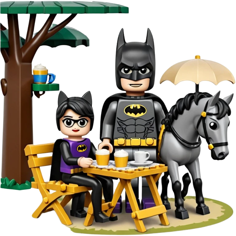  Ultra cute  Lego detailed 1854 Batman and pretty Catwoman dream horse drawn Caravan with picnic table and folding chairs alone at romantic afternoon (hot chocolate and cheeseburgers on the grill) emoji