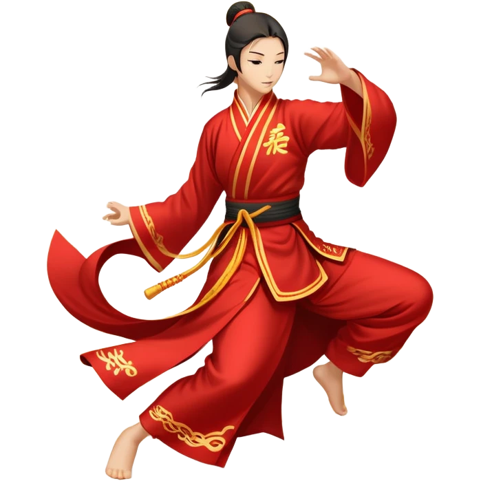 Emblem symbolizing Wushu martial arts. A graceful martial artist performs a dynamic kung fu pose, with flowing movements and a long, elegant robe. The background features stylized clouds and traditional Chinese symbols, representing fluidity, balance, and precision. Transparent background. emoji