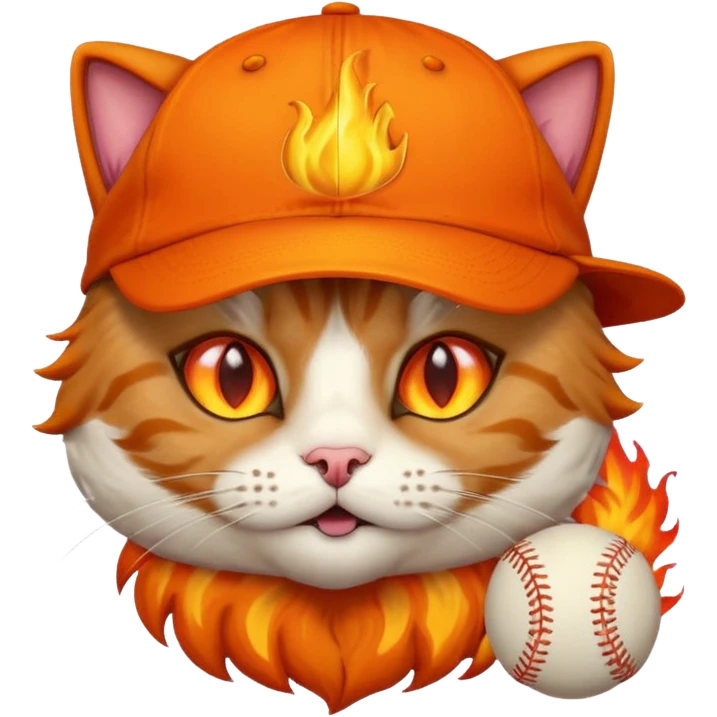 Cat with the flames in his eyes with a orange baseball hat on his head emoji