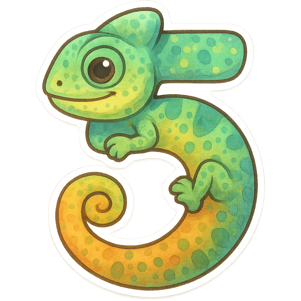 stylized number 5 with chameleon skin texture and colors, the head and tail of the chameleon integrated into the number emoji