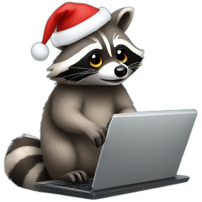 Raccoon typing on a laptop with christmas hat emoji