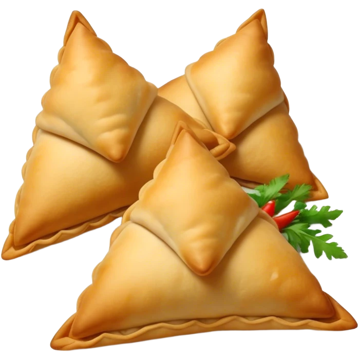 Cinematic Realistic Samosas Dish Emoji, depicted as golden, crispy pastry pockets filled with spiced vegetables rendered with detailed textures and appetizing lighting. emoji