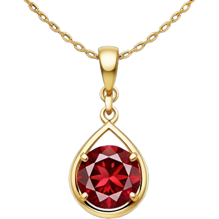 A polished round red garnet pendant suspended from a delicate gold chain, like a drop of enchanted starlight, glowing with the warmth of passion and the quiet power of transformation emoji
