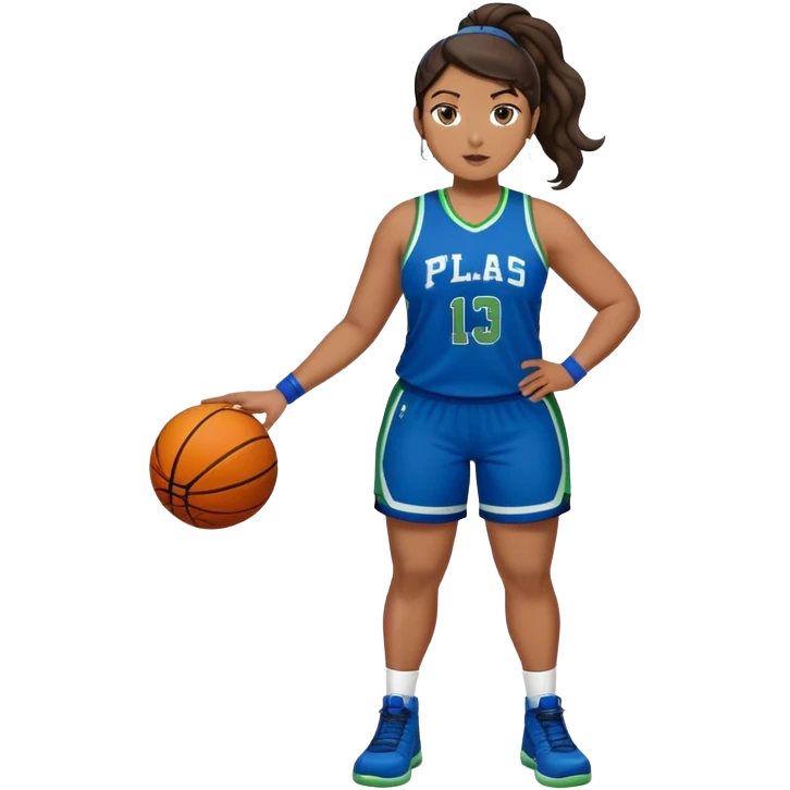 full body plus size  latino women basketball player with wavy dark hair in pony tail wide nose wearing blue uniform with green accent emoji