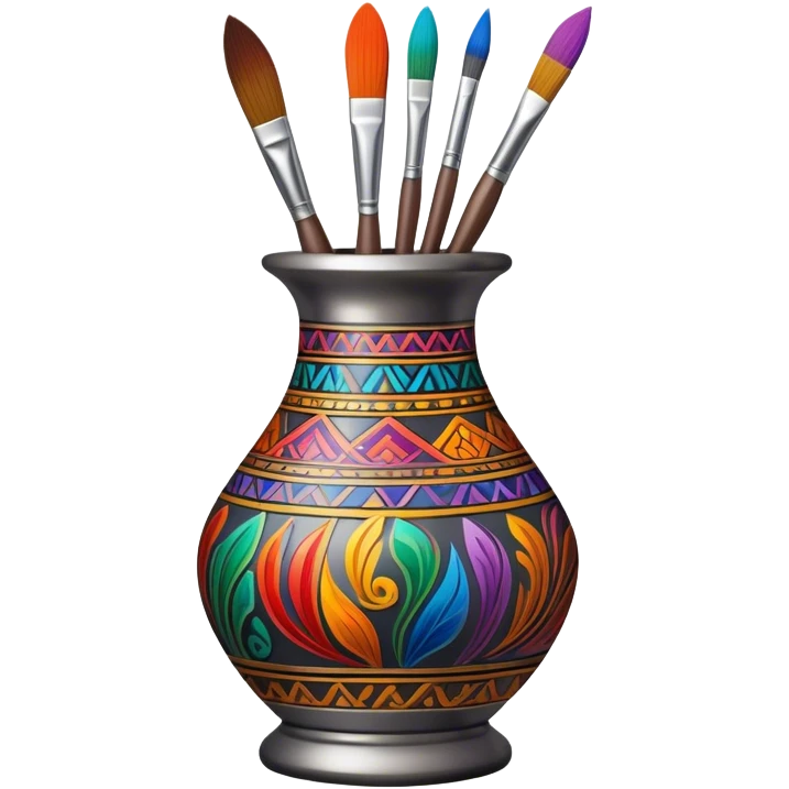 Metal painting icon, fine paintbrush painting a detailed metal statuette or vase with bright, vivid colors, visible strokes and intricate patterns, no finished artwork, just the painting process, minimalistic style, clean lines, transparent background. emoji
