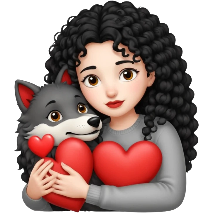 Black curly hair white skin girl hugging one big wolf with hearts above them emoji