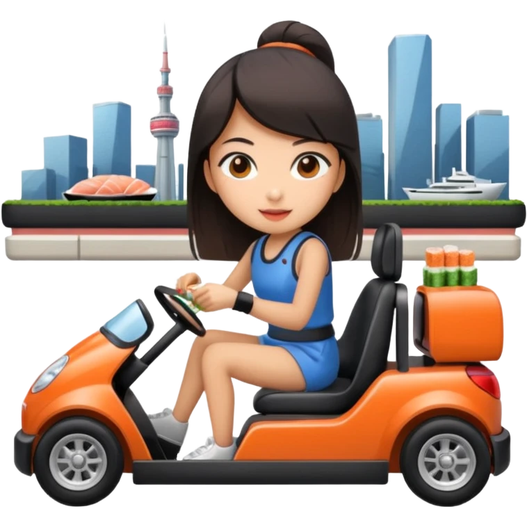 Asian girl driving a gokart and eating sushi in a city emoji
