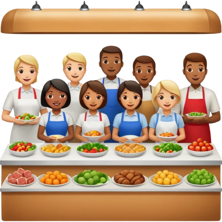cantine d'entreprise with buffet and employees, friendly ambiance emoji
