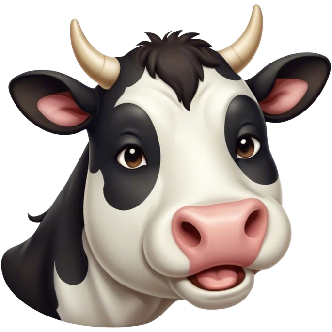 Cinematic Cute Yawning Black and White Cow Portrait Emoji, Head tilted slightly with a dramatic, wide-open yawn, showcasing a smooth, contrasting coat of black and white, floppy ears slightly drooping, round brown eyes barely open in drowsy contentment, Simplified yet irresistibly adorable features, highly detailed, glowing with a soft, cozy glow, high shine, relaxed yet expressive, stylized with a touch of modern whimsy, bright and endearing, soft glowing outline, capturing the essence of a sleepy yet affectionate cow, so drowsy it feels like it could stride out of the screen and curl up for a nap! emoji