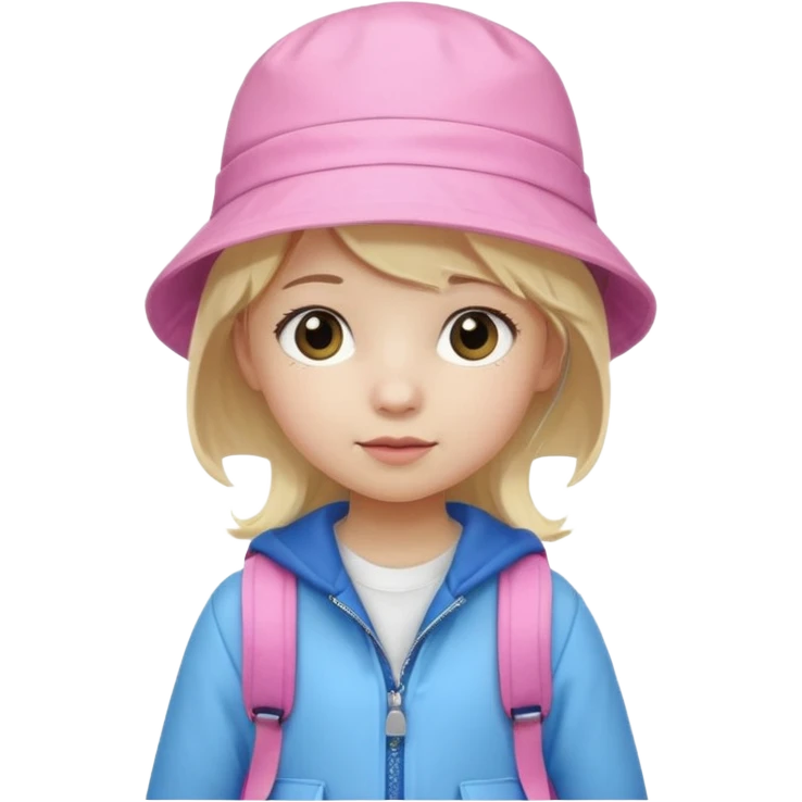 A little girl student white skin, blonde hair, with pink bucket hat, white jacket, blue backpack emoji