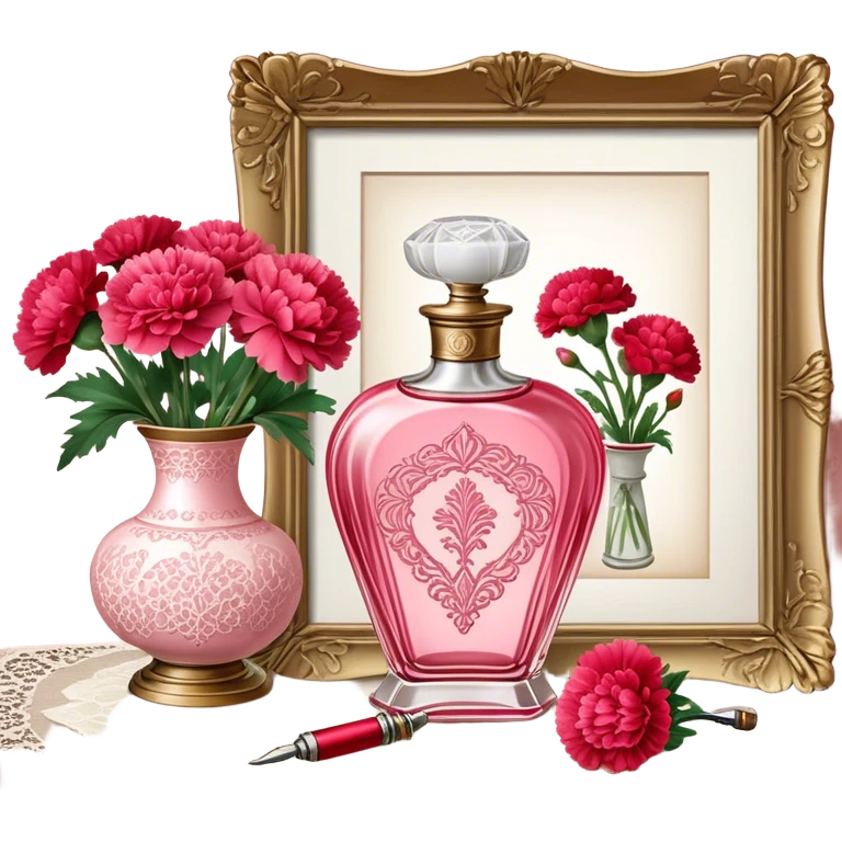 An ornate glass perfume bottle in Petal Pink with a vintage atomizer rests on an antique lace-covered table. Vibrant Strawberry Red carnations spill from a porcelain vase nearby, their fragrance mingling with the soft floral scent of the perfume.  emoji